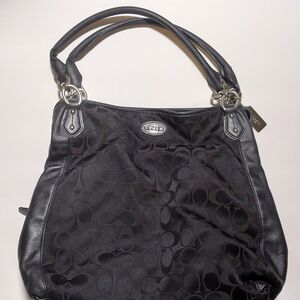 Coach Collete Black Signature Hobo Bag with Leather Trim